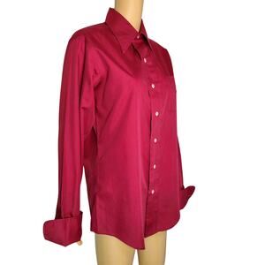 1970s Burgundy Wine Button Up Long Sleeve Folded Wrist Cuffs Dress Shirt Size 15